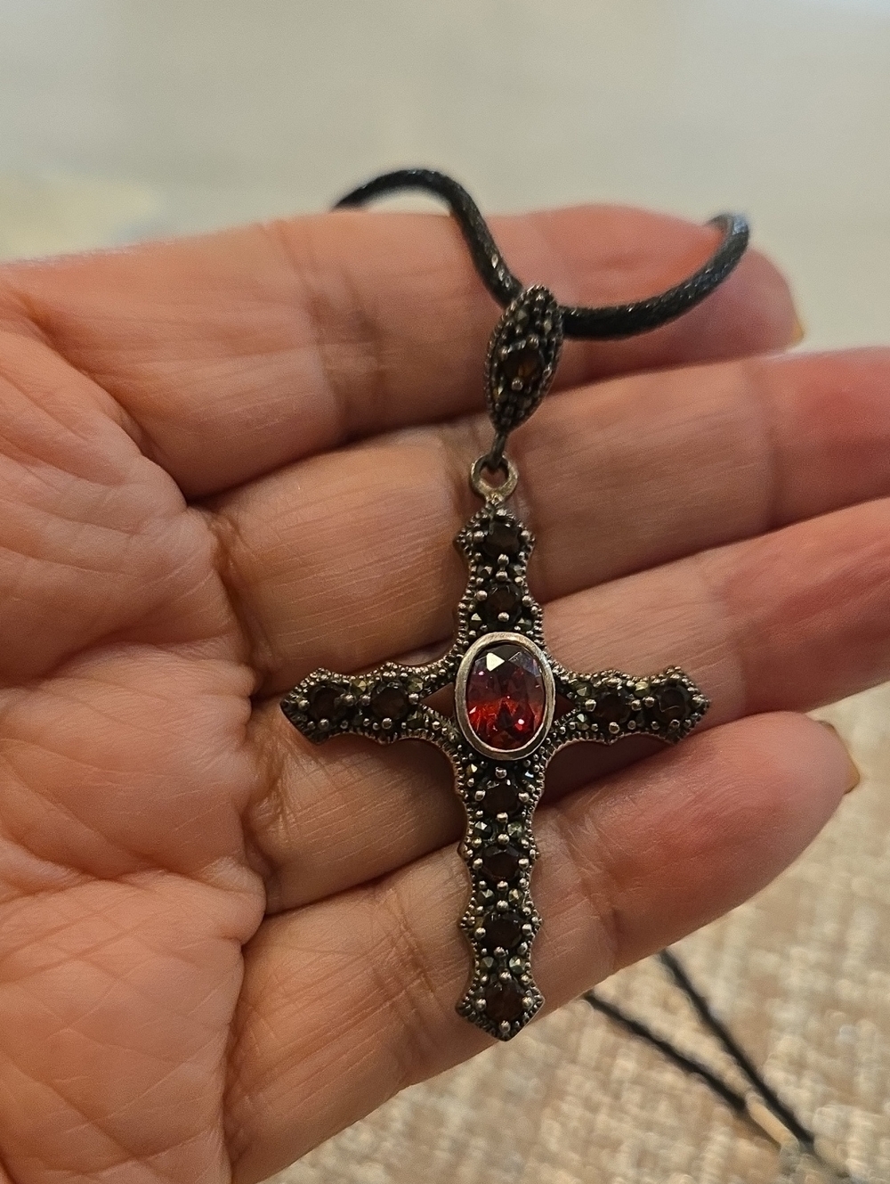 Genuine Marquasite Silver Cross Black Cord Cross Pendant Necklace with Red Gems